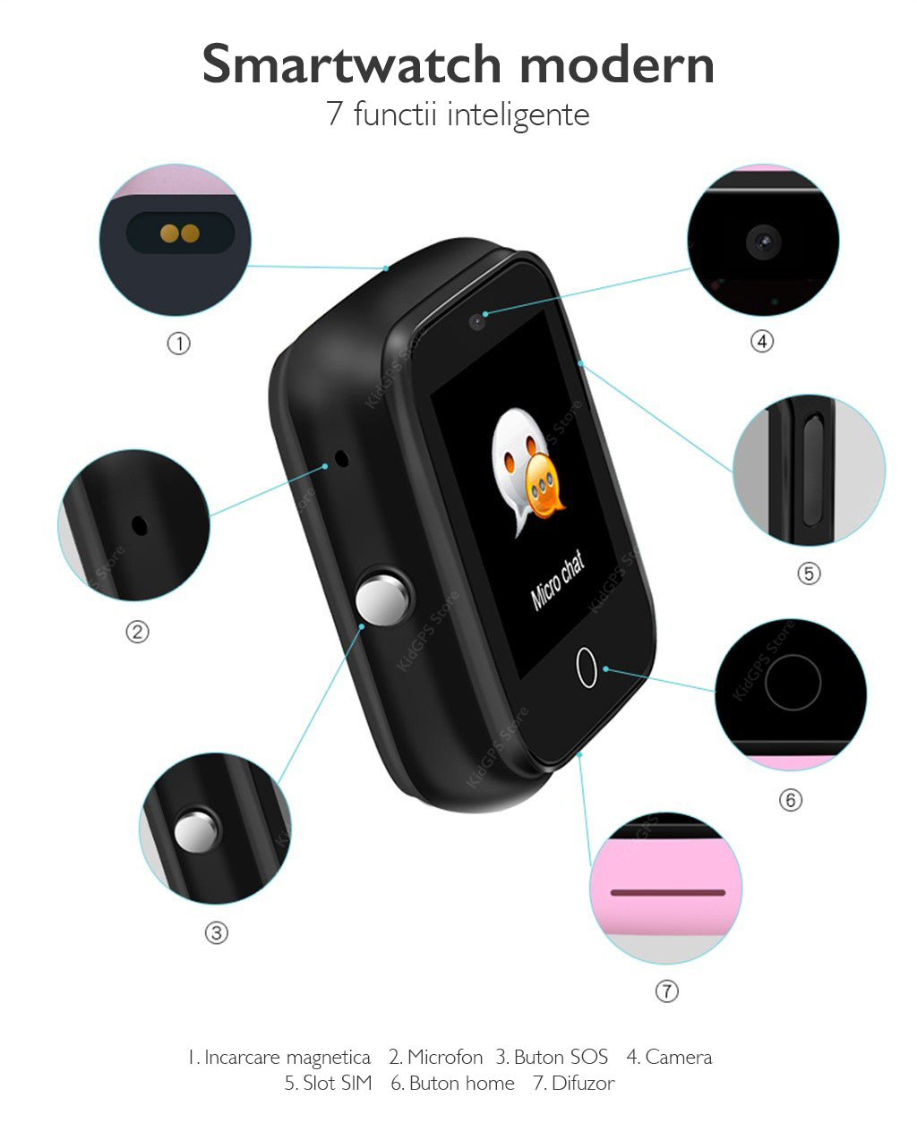 Ceas smartwatch copii TechONE S66A, Roz Ceas smartwatch copii TechONE S66A, Roz
